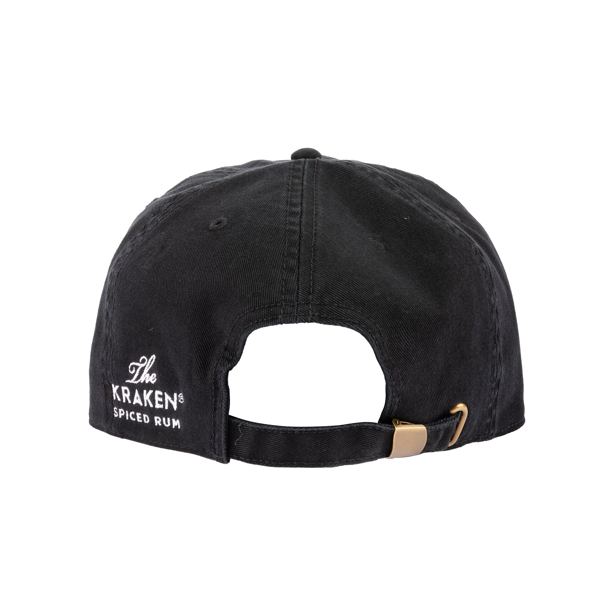 Back view of the Beware The Kraken Hat with The Kraken Spiced Rum logo in white embroidered on the side and buckle adjustments