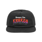 Front view of the Beware The Kraken Hat in black with an embroidered design of white text that reads 'Beware The' and dripping red text that reads 'KRAKEN'