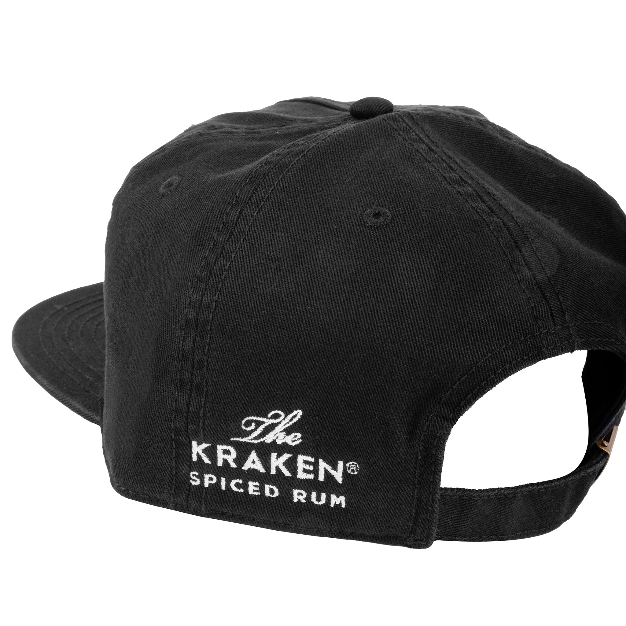 Side vide of the Beware The Kraken Hat with The Kraken Spiced Rum logo in white embroidered on the side