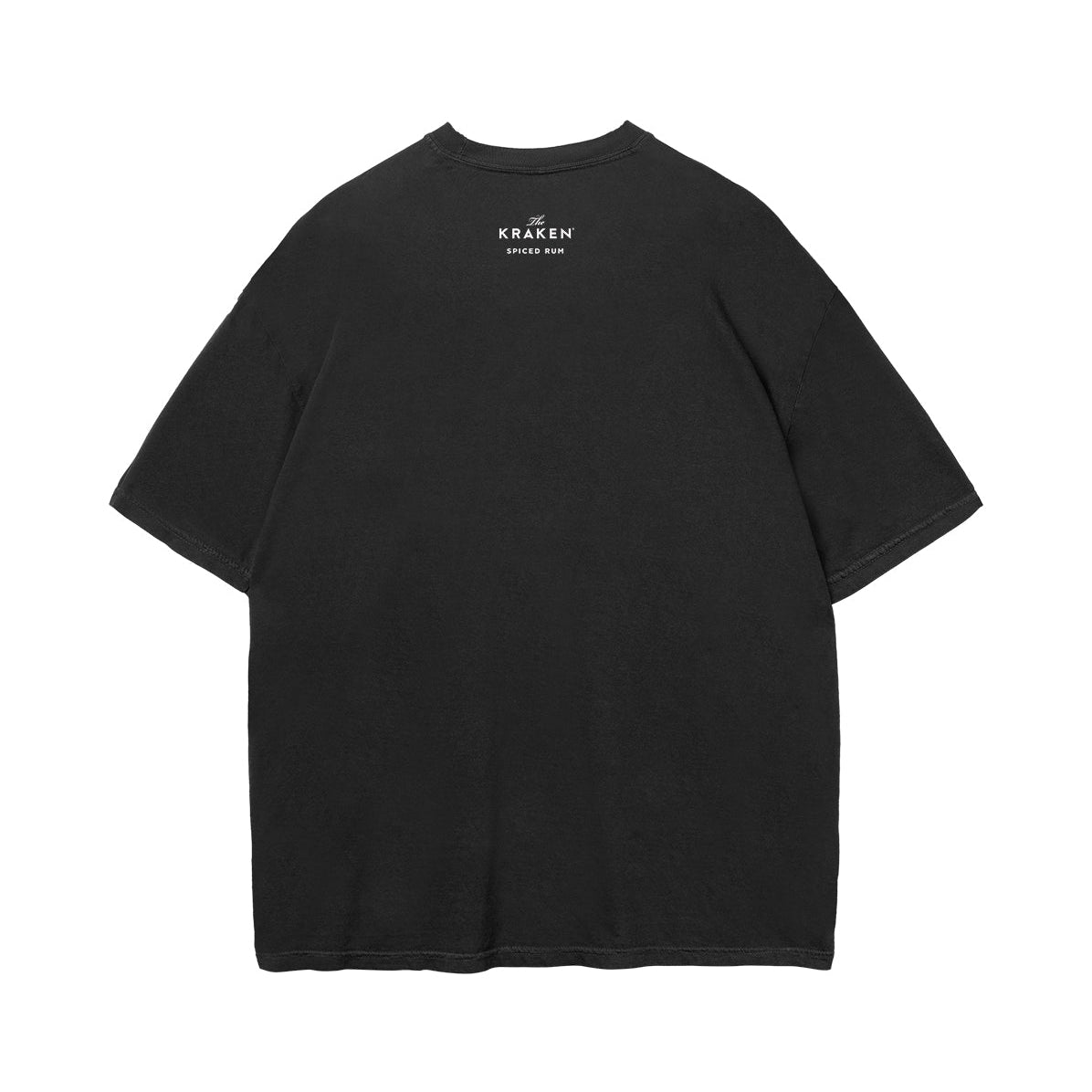 Back view of the Beware The Kraken Tee in black with The Kraken Spiced Rum logo near the collar.