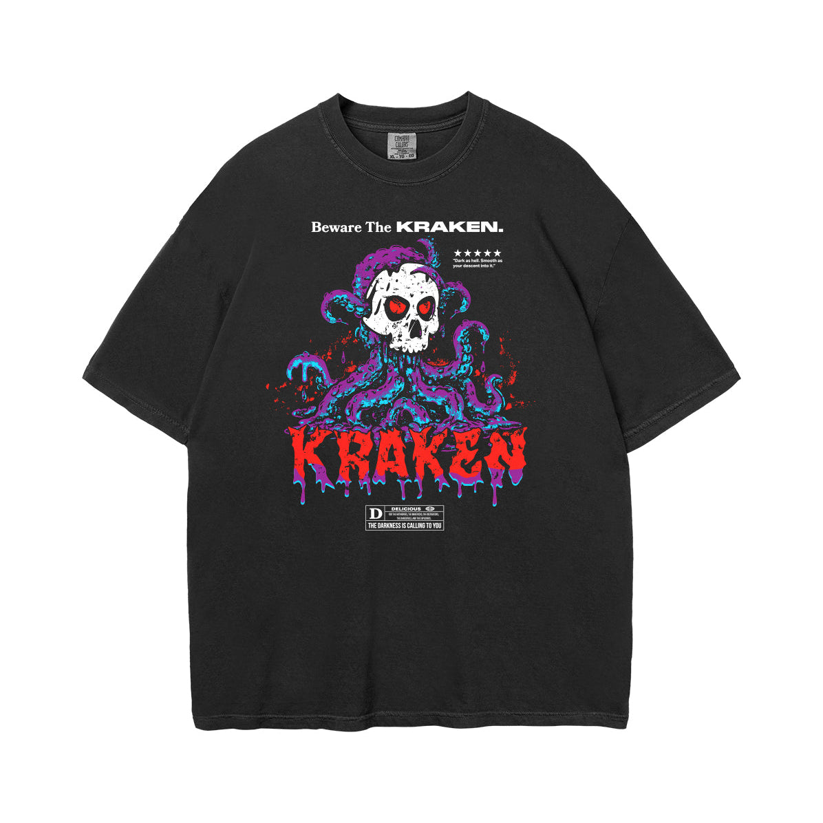 Front view of the Beware The Kraken Tee in black with a graphic of a white skull with red eyes surrounded by purple and teal kraken tentacles, with dripping red text that reads 'KRAKEN'