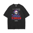 Front view of the Beware The Kraken Tee in black with a graphic of a white skull with red eyes surrounded by purple and teal kraken tentacles, with dripping red text that reads 'KRAKEN'