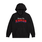 Front image of Beware The Kraken Hoodie in black with red and purple drip design of "KRAKEN" in the middle and The Kraken spiced Rum logo in white on the right cuff.