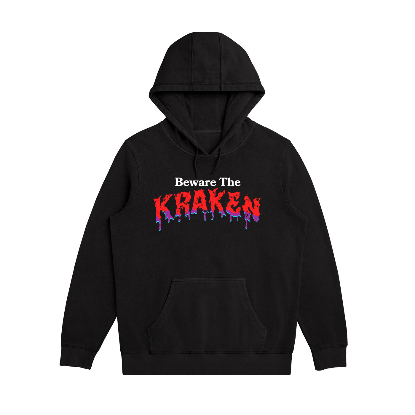 Front image of Beware The Kraken Hoodie in black with red and purple drip design of "KRAKEN" in the middle and The Kraken spiced Rum logo in white on the right cuff.