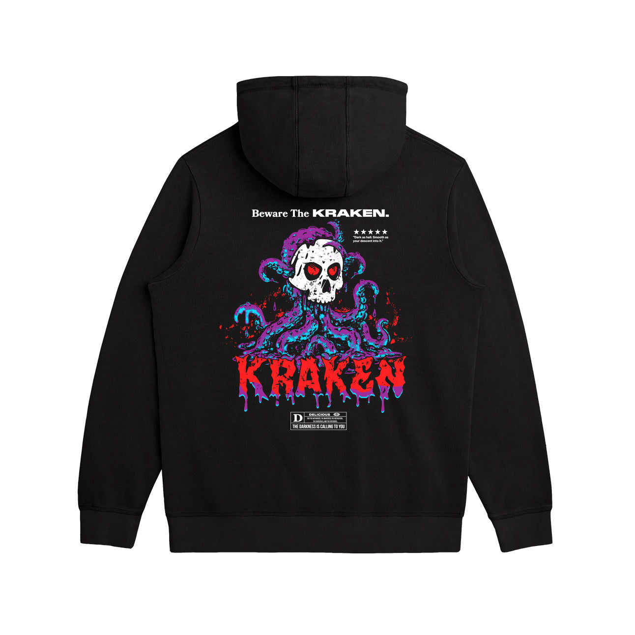 Back view of the Beware The Kraken Hoodie in black with a graphic of a white skull with red eyes surrounded by purple and teal kraken tentacles, with dripping red text that reads 'KRAKEN'