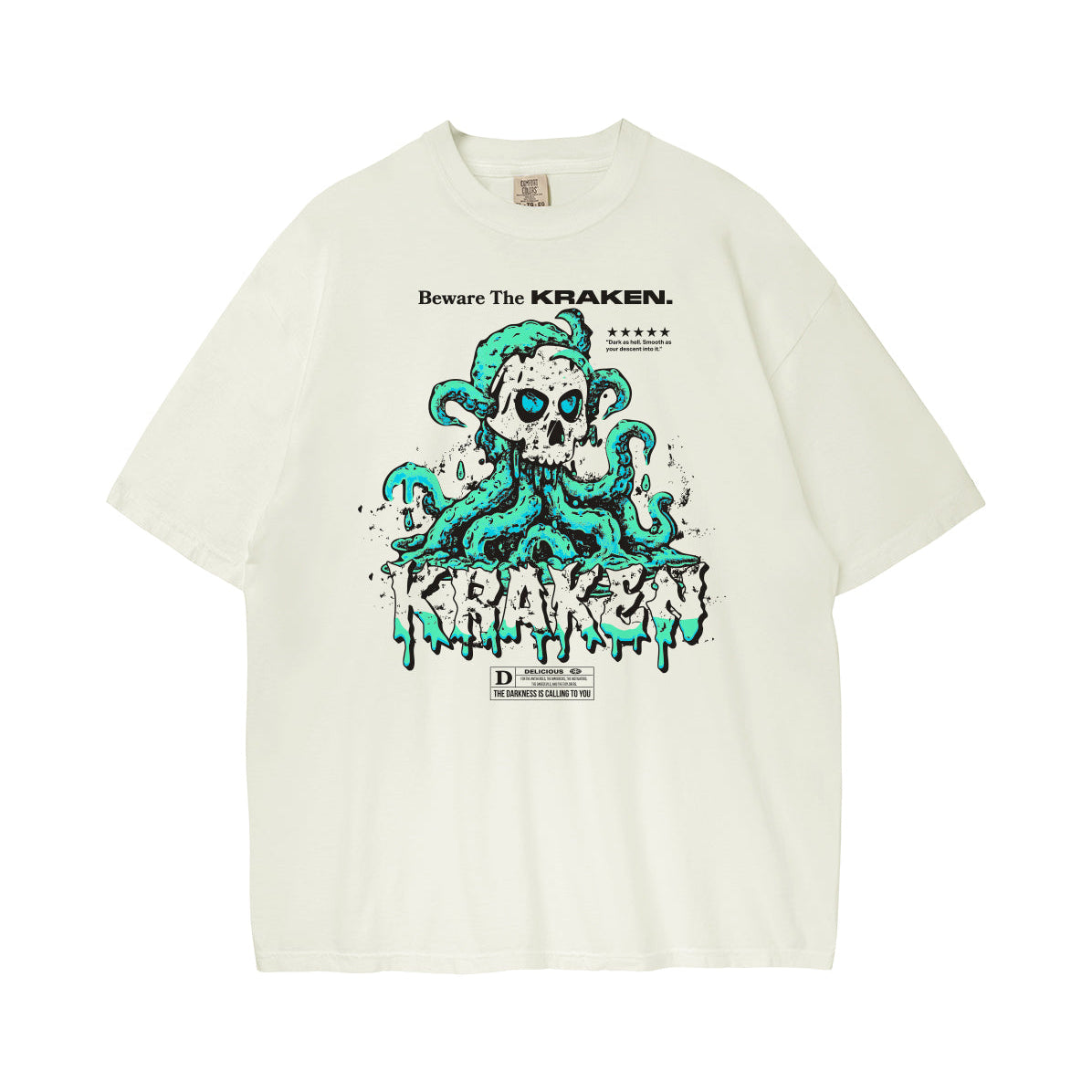 Front view of the Beware The Kraken Tee in ivory with a graphic of a white skull with teal eyes surrounded by green and teal kraken tentacles, with dripping white and teal text that reads 'KRAKEN'
