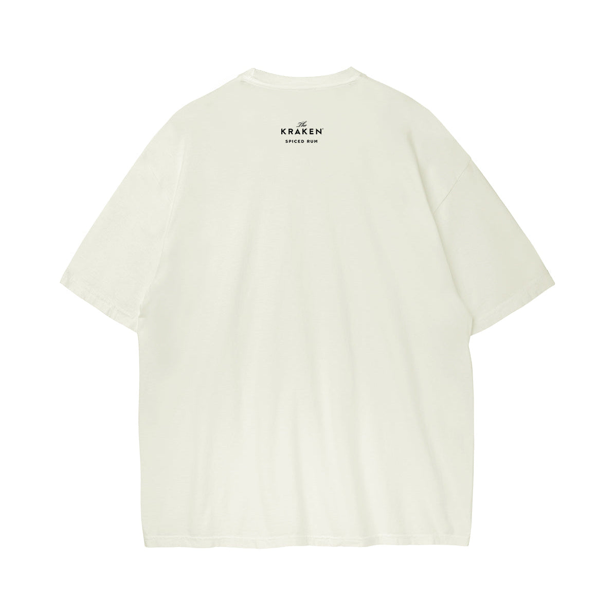 Back view of the Beware The Kraken Tee in ivory with The Kraken Spiced Rum in black near the collar.