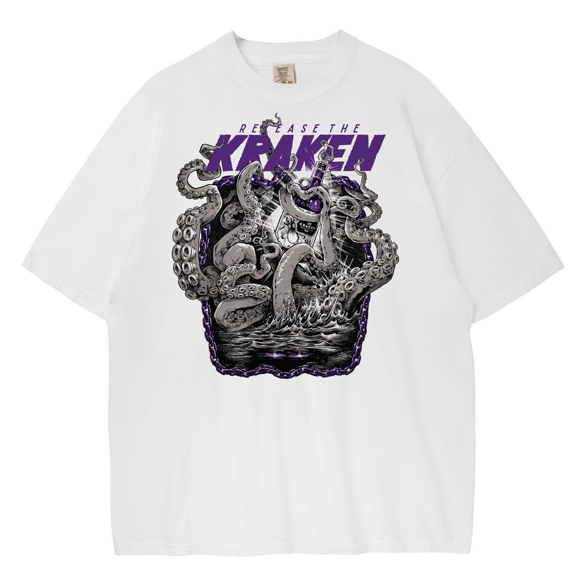 White t-shirt with a large, detailed illustration of the Kraken with multiple tentacles emerging from water. The Kraken is depicted in shades of gray and black with purple accents, adding depth and contrast. The text "RELEASE THE KRAKEN" is prominently displayed above the illustration in bold, uppercase letters with a purple color.
