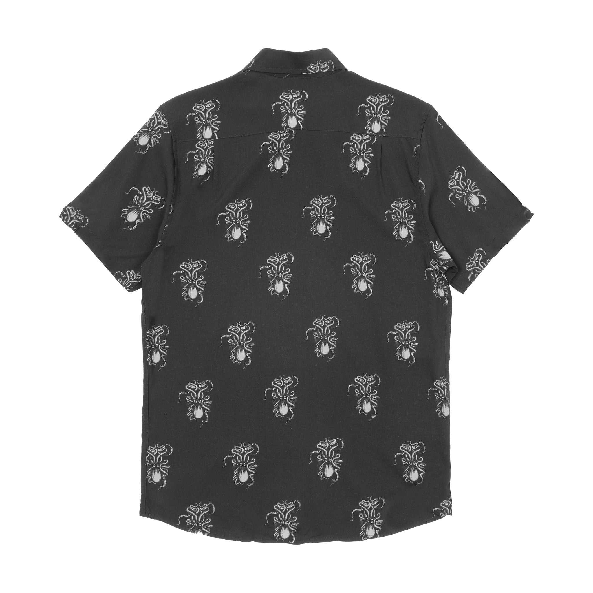 Back view of the Kraken button up shirt  in black of The Beast logo in white repeating pattern.