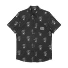 Front view of the Kraken button up shirt  in black of The Beast logo in white repeating pattern and The Kraken Spiced Rum logo in white on the chest pocket.