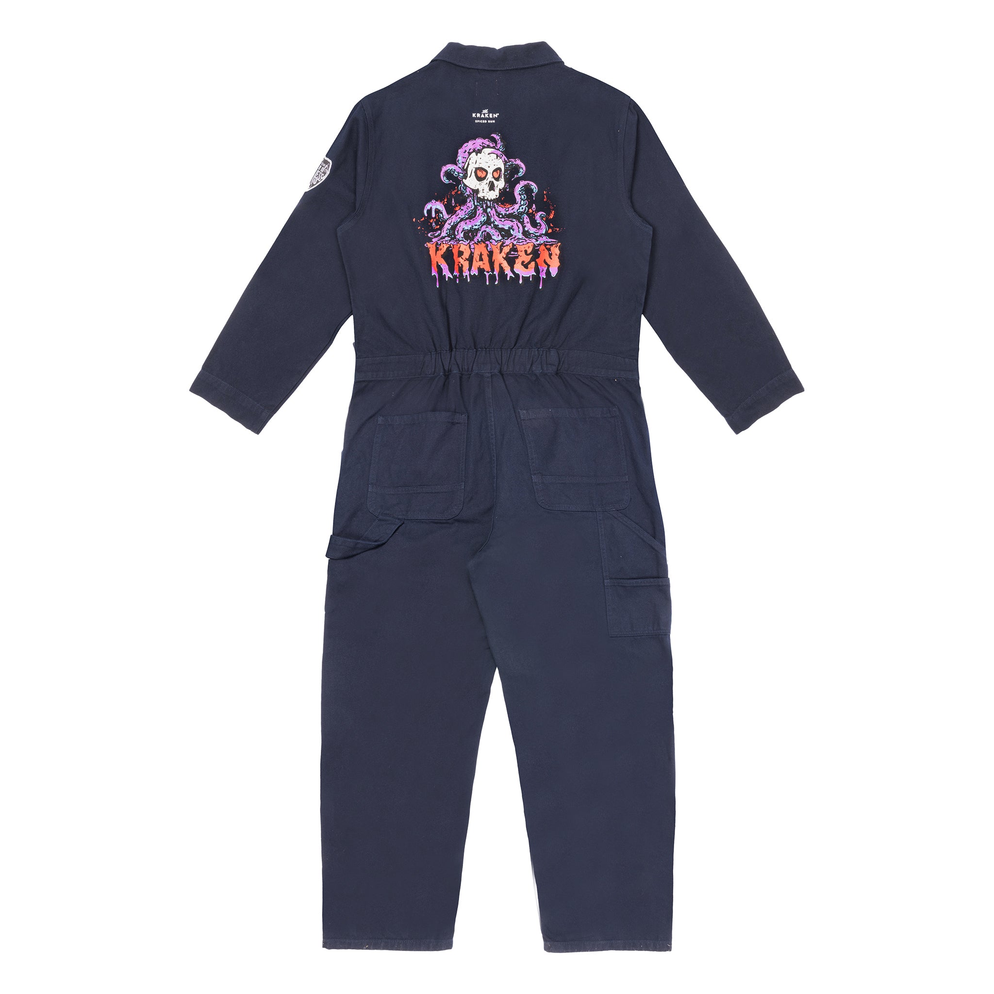 A back view image of the Beware The Kraken Coveralls with a large spooky graphic of the Kraken printed on the back on a white background