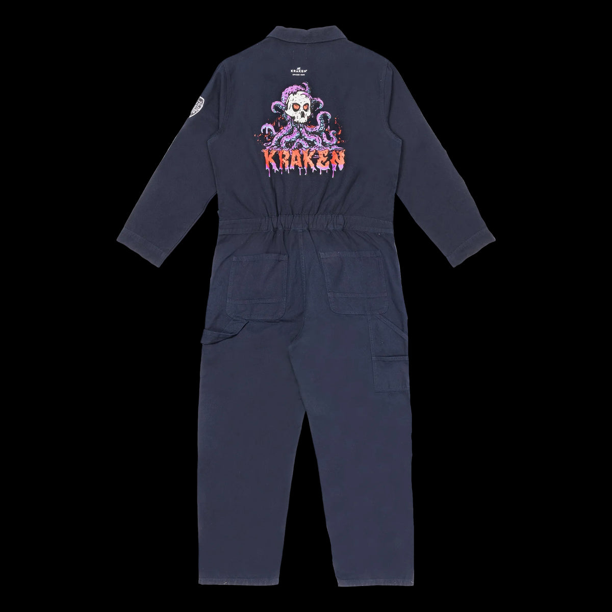 A back view image of the Beware The Kraken Coveralls with a large spooky graphic of the Kraken printed on the back on a white background