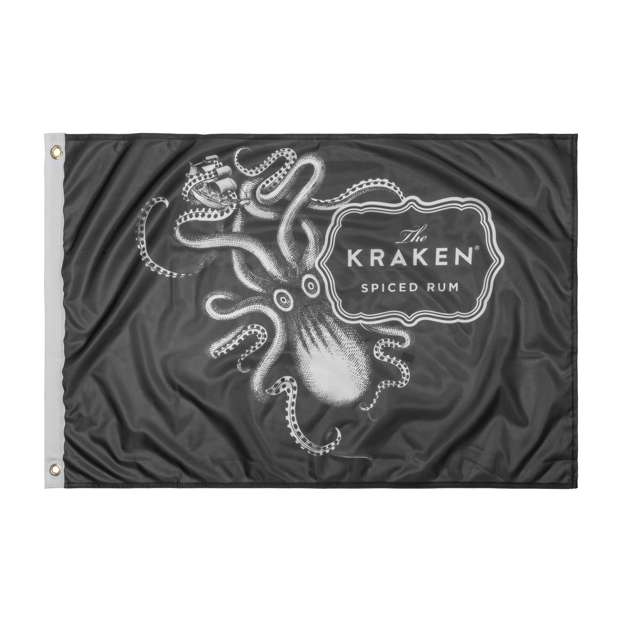 A black flag with a white image of a kraken, a mythical sea monster, wrapped around a ship. The text "The Kraken Spiced Rum" is written in a banner below the image.