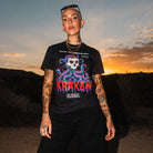 Front view of the Beware The Kraken Tee in black on a female model in the desert