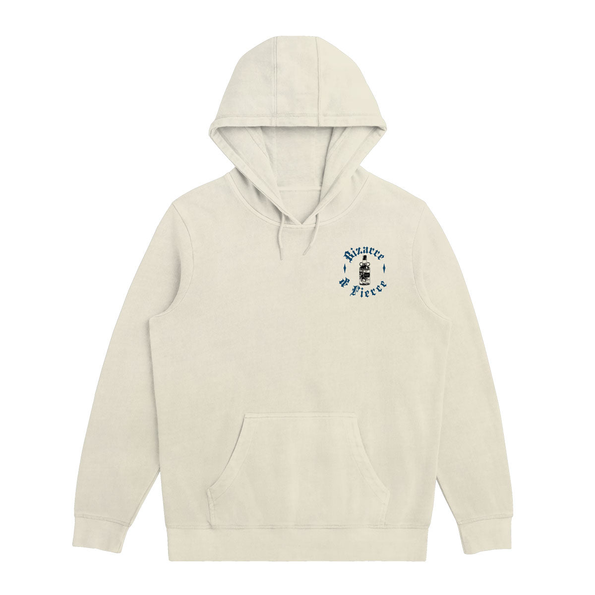 Ivory hoodie with small Kraken Rum bottle graphic on the left chest area. Text around the graphic reads "Bizarre Fierce".