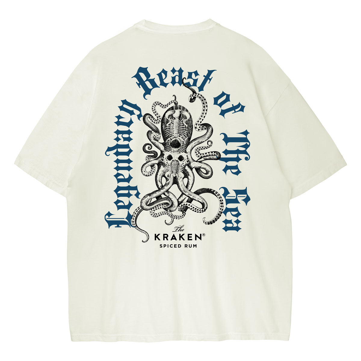 Ivory t-shirt with a large, intricate black illustration of The Kraken with multiple tentacles. Curved text above and below The Kraken reads "Legendary Beast of the Sea" in a gothic-style font.
Below the kraken, smaller text states "The KRAKEN® SPICED RUM," indicating the brand.