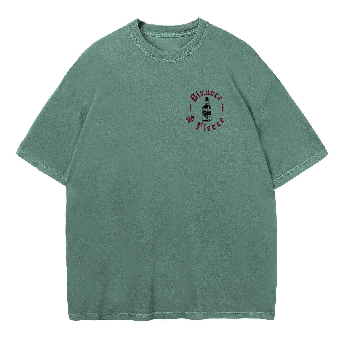 Green t-shirt with a small Kraken Rum bottle graphic printed on the left chest with text around the graphic reads "Bizarre & Fierce"
