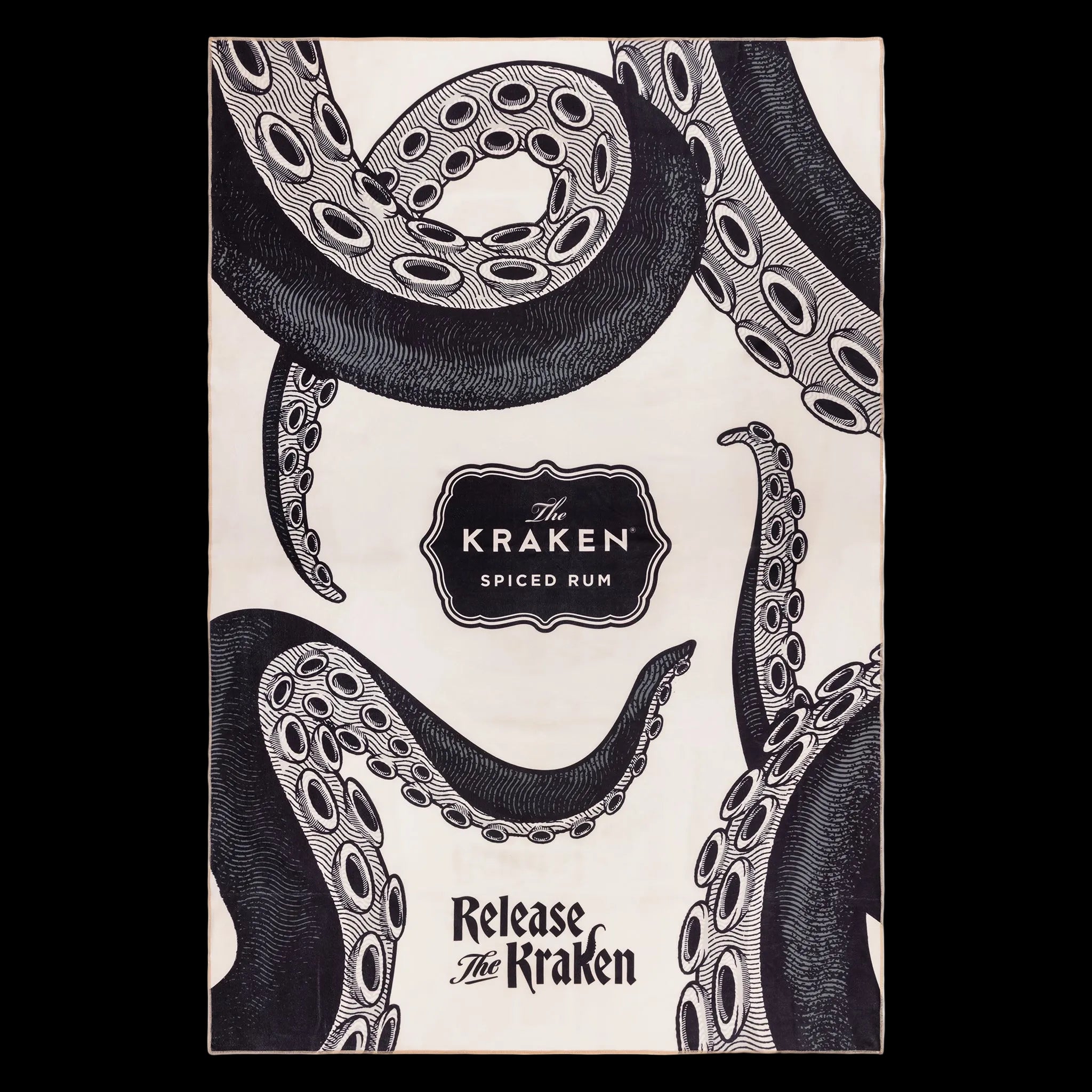 Towel for 'Release The Kraken' by 'The Kraken Spiced Rum', featuring a black and white illustration of The Kraken tentacles wrapping around the frame.