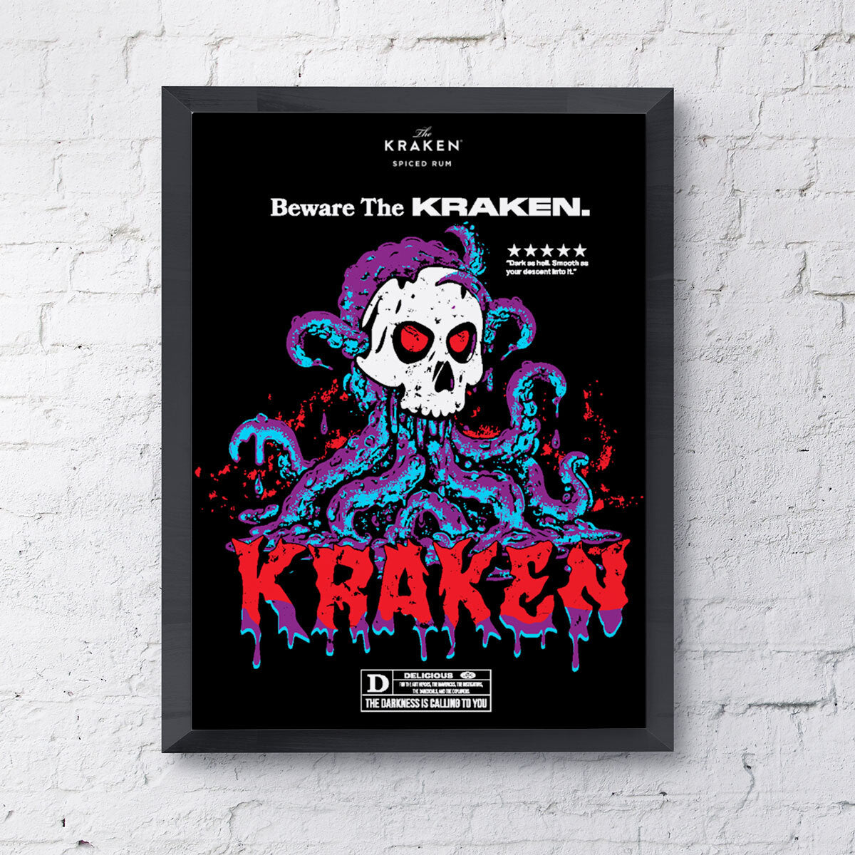 Framed image of the Beware The Kraken Movie poster on a black background on a white wall with a graphic of a white skull with red eyes surrounded by purple and teal kraken tentacles, with dripping red text that reads 'KRAKEN'