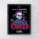 Framed image of the Beware The Kraken Movie poster on a black background on a white wall with a graphic of a white skull with red eyes surrounded by purple and teal kraken tentacles, with dripping red text that reads 'KRAKEN'