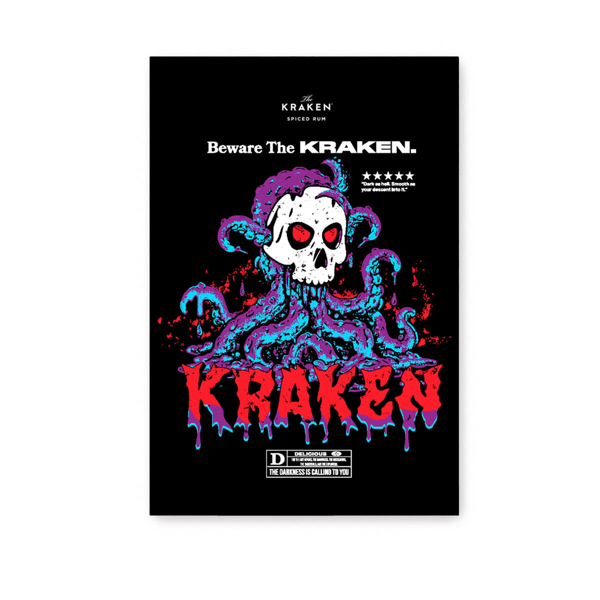 Image of the Beware The Kraken Movie poster on a black background a graphic of a white skull with red eyes surrounded by purple and teal kraken tentacles, with dripping red text that reads 'KRAKEN'
