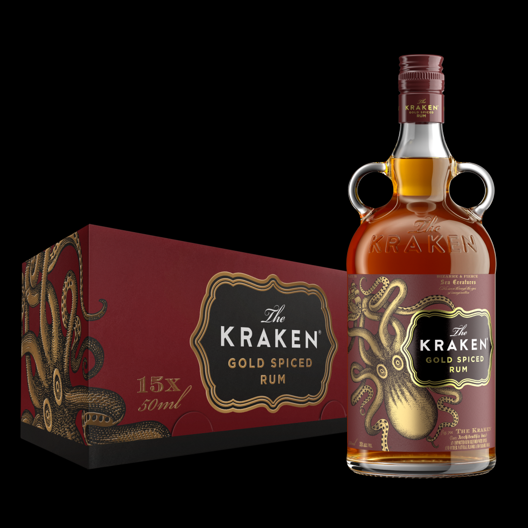 The Kraken Gold Spiced Rum 50ml bottle displayed alongside a 15-pack box featuring gold and black octopus artwork on a deep red background.