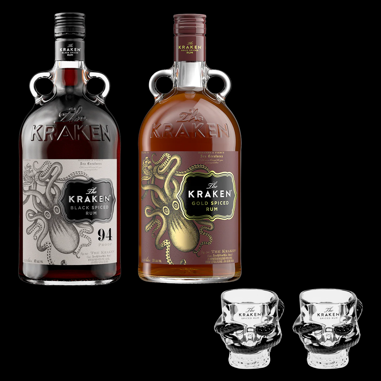 Two bottles of The Kraken rum with their labels and two skull-shaped glasses on a black background.