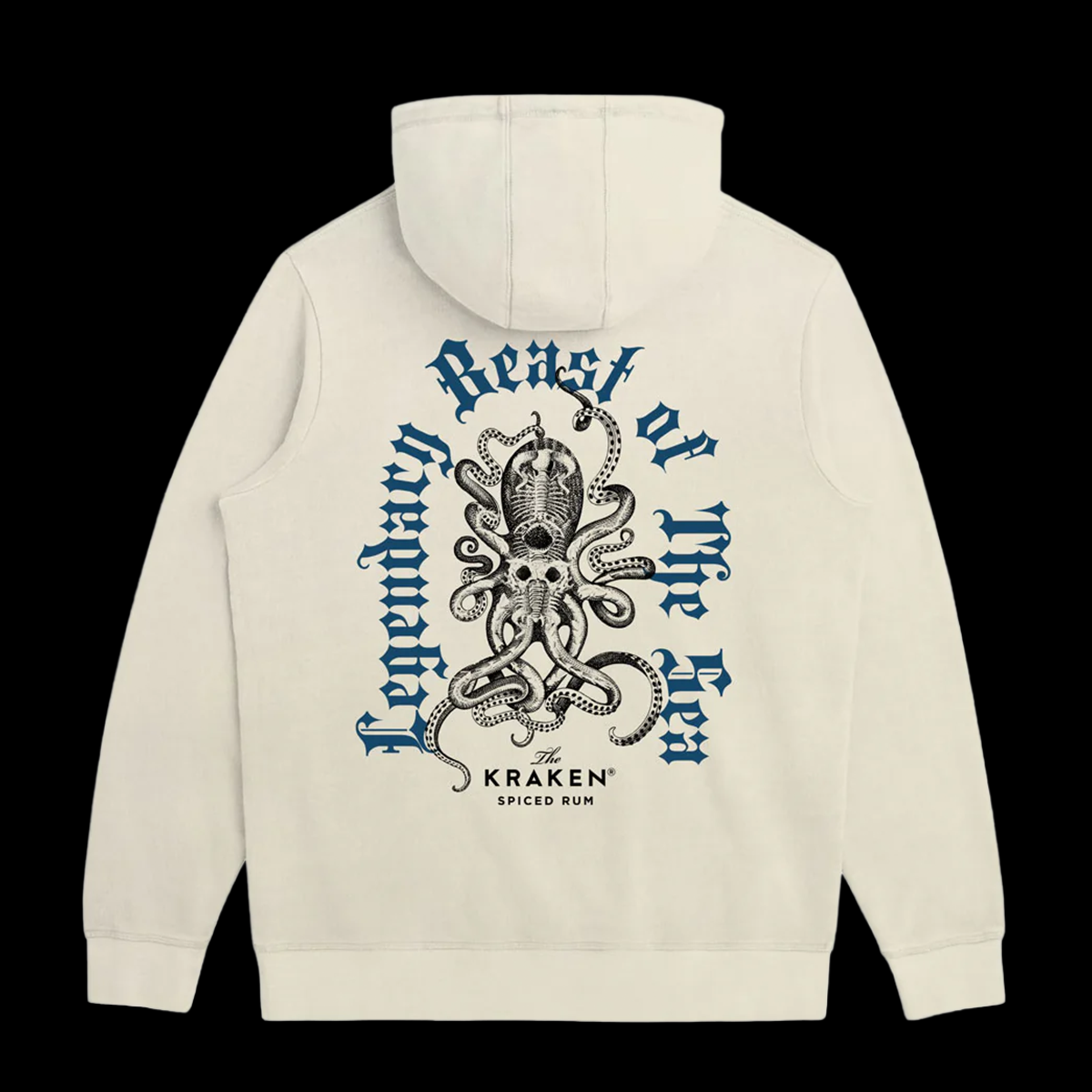 Ivory Hoodie with central graphic of The Krraken, depicted with multiple tentacles and a skull-like head.
Text surrounding The Kraken reads: "Legendary Beast of The Sea" in a gothic-style font.
Below The Kraken, smaller text states: "The KRAKEN SPICED RUM".