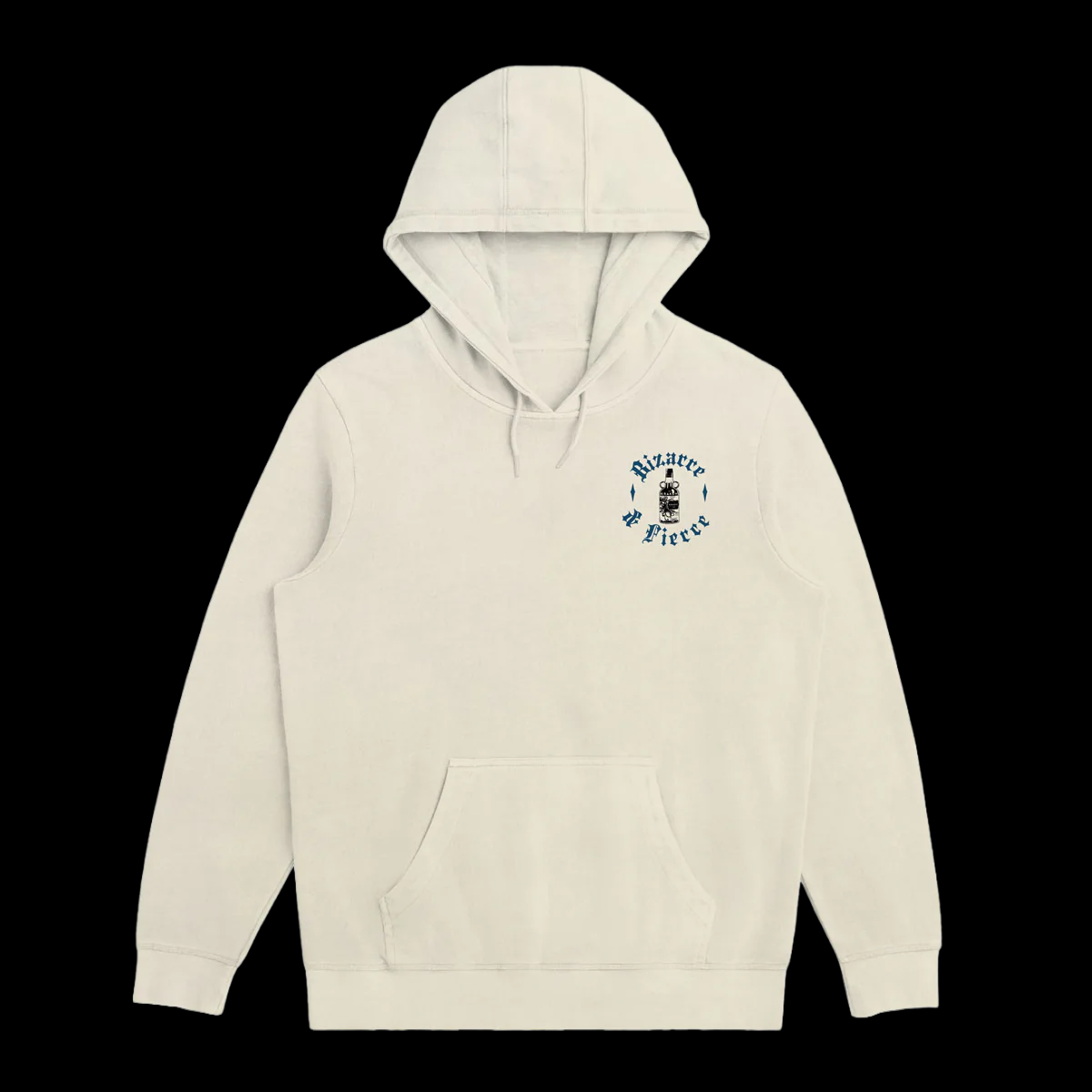 Ivory hoodie with small Kraken Rum bottle graphic on the left chest area. Text around the graphic reads "Bizarre Fierce".