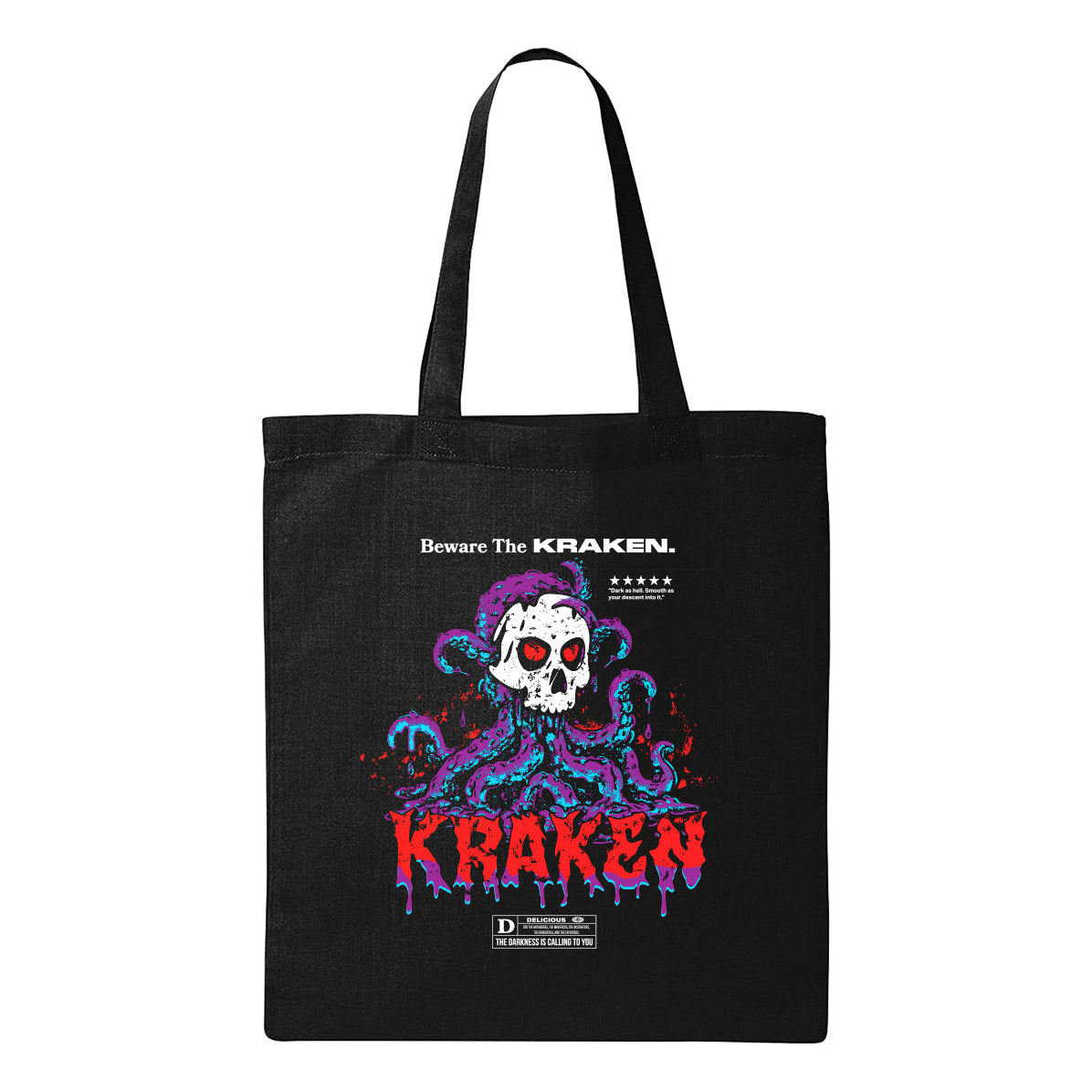Black tote bag featuring a white skull with red eyes surrounded by purple and teal kraken tentacles, with dripping red text that reads 'KRAKEN'.