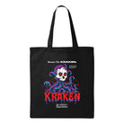 Black tote bag featuring a white skull with red eyes surrounded by purple and teal kraken tentacles, with dripping red text that reads 'KRAKEN'.