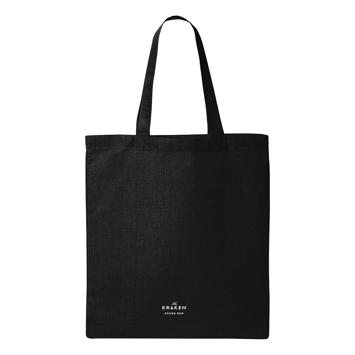 Back of the black tote bag featuring The Kraken Spiced Rum logo in white.