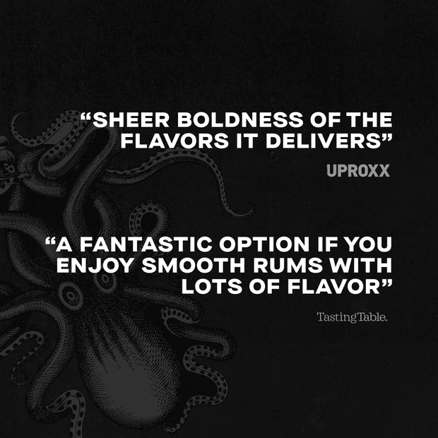 Quotes from UPROXX and TastingTable featuring the bold and fantastic flavor of Kraken Black Spiced Rum 94 Proof.