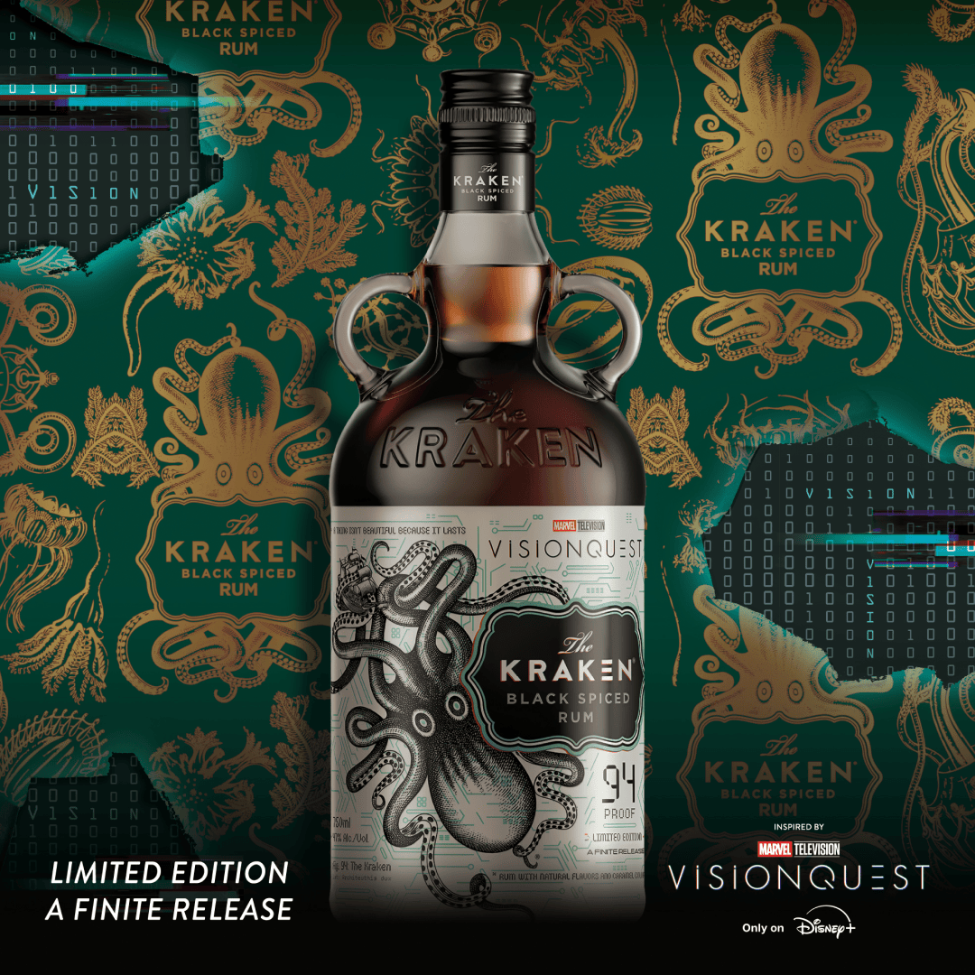The Kraken Black Spiced Rum VisionQuest limited edition bottle against a green and gold Kraken pattern with digital glitch effects.