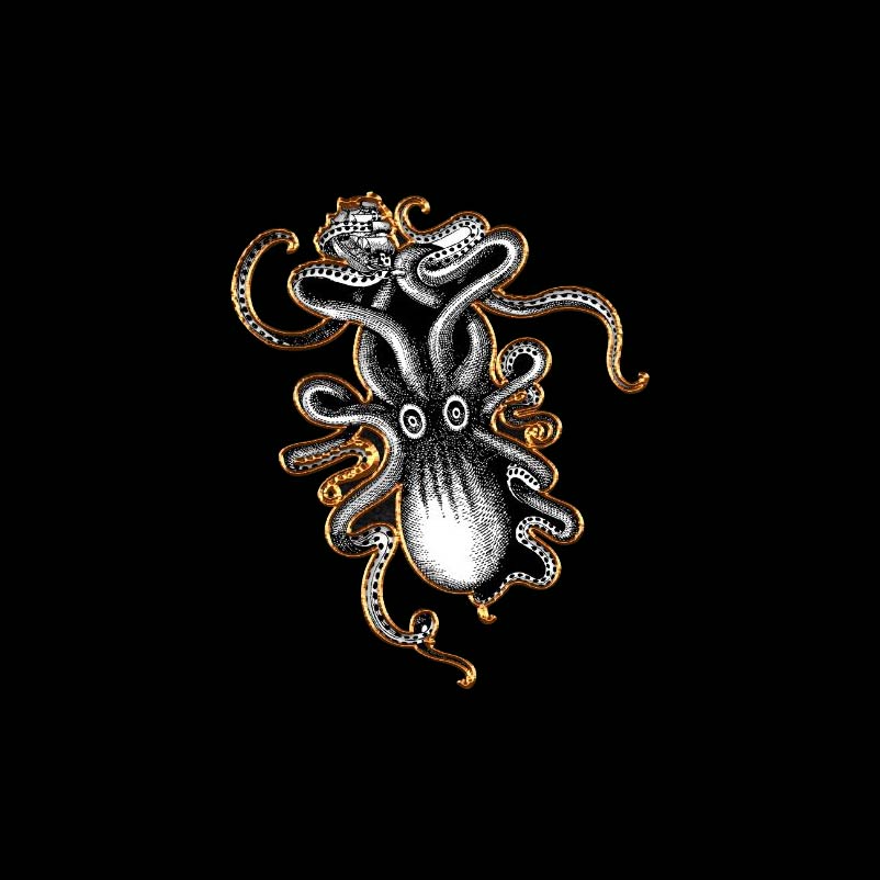 Pin of a black and white Kraken with a gold border.