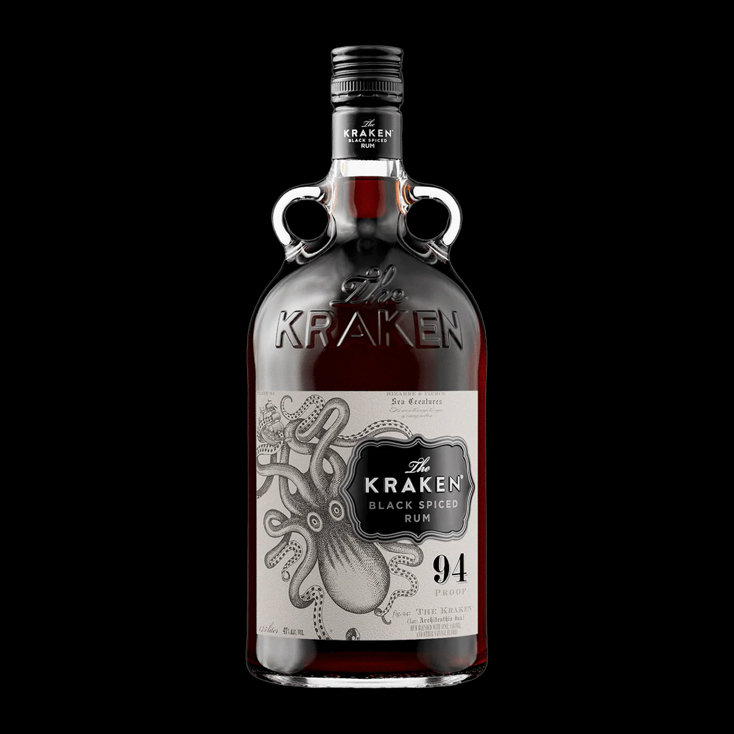 Kraken Black Spiced Rum bottle on a black background