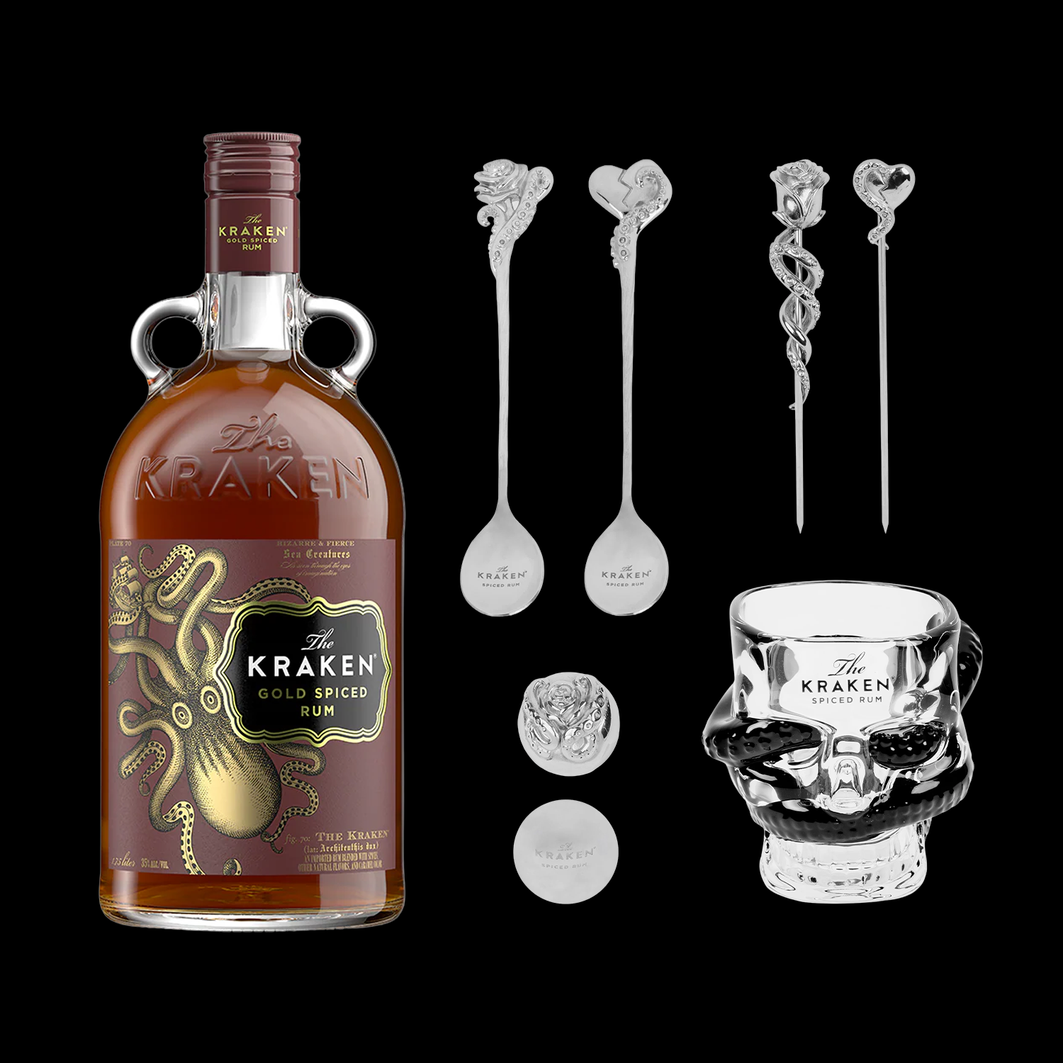 Kraken Gold Spiced Rum bottle with decorative spoons and glass on a black background
