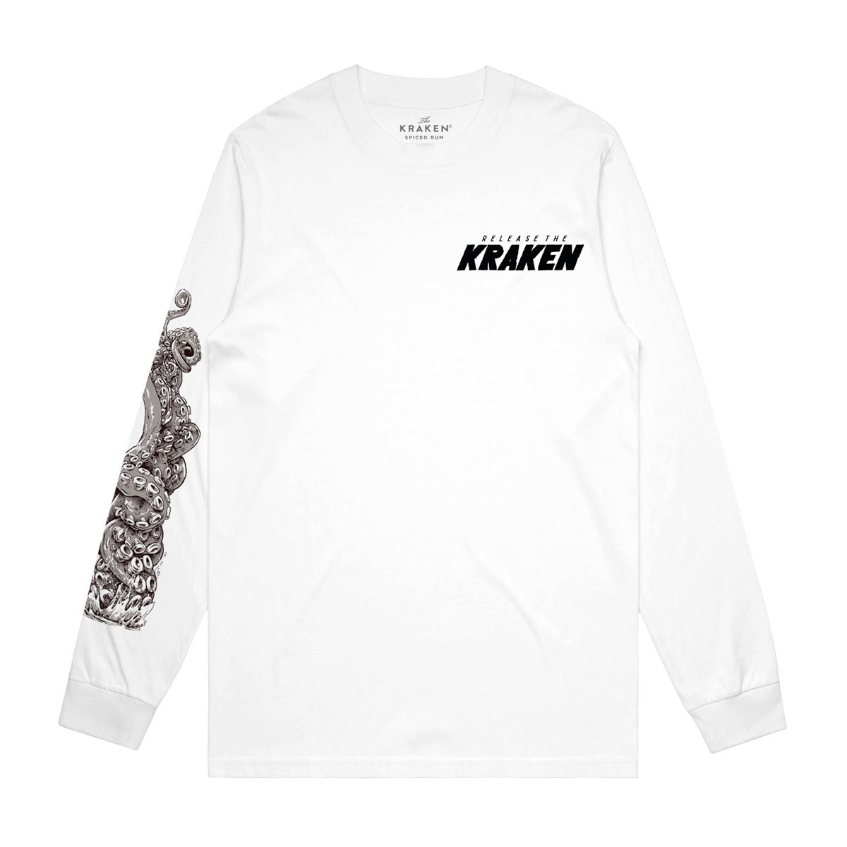 The shirt is white with long sleeves.
On the front upper left chest area, it has the text "RELEASE THE KRAKEN" in bold black font.
The right sleeve features detailed black-and-white artwork of a Kraken's tentacle wrapping around the arm, emphasizing the sea monster theme.