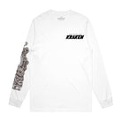 The shirt is white with long sleeves.
On the front upper left chest area, it has the text "RELEASE THE KRAKEN" in bold black font.
The right sleeve features detailed black-and-white artwork of a Kraken's tentacle wrapping around the arm, emphasizing the sea monster theme.