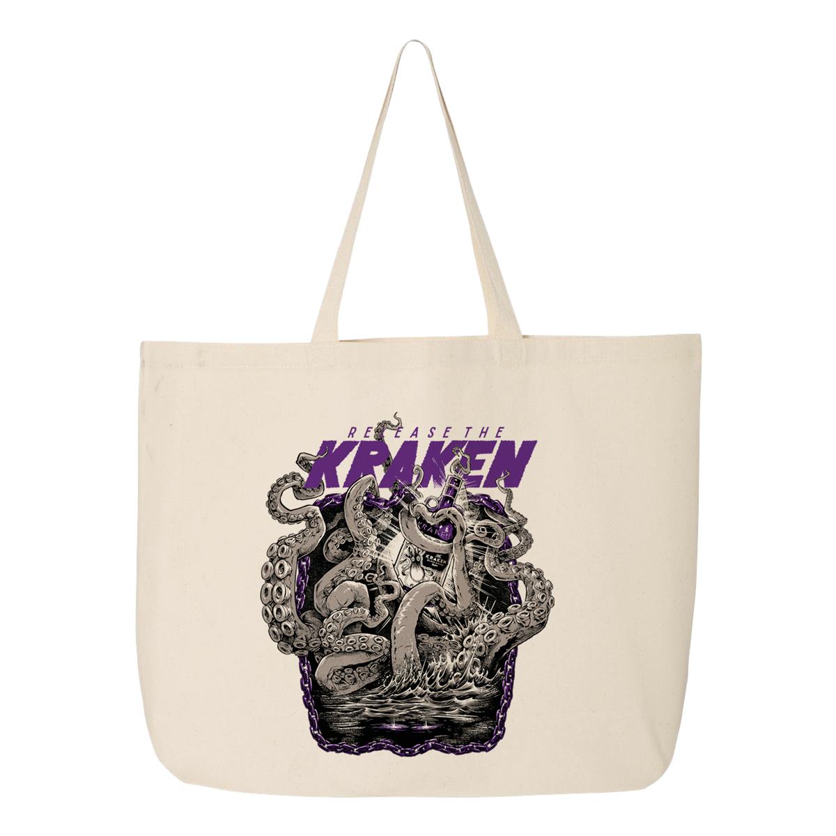 The tote bag is made from canvas.
The central artwork depicts The Kraken with multiple tentacles emerging from dark waters.
The Kraken is illustrated in a dynamic, aggressive pose with sharp teeth and expressive eyes.
The color palette prominently features purple and black tones, enhancing the dramatic effect.
Above The Kraken, the text reads "RELEASE THE KRAKEN" in a bold, uppercase font with a distressed texture, emphasizing a powerful and rebellious theme.