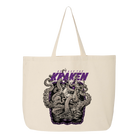 The tote bag is made from canvas.
The central artwork depicts The Kraken with multiple tentacles emerging from dark waters.
The Kraken is illustrated in a dynamic, aggressive pose with sharp teeth and expressive eyes.
The color palette prominently features purple and black tones, enhancing the dramatic effect.
Above The Kraken, the text reads "RELEASE THE KRAKEN" in a bold, uppercase font with a distressed texture, emphasizing a powerful and rebellious theme.