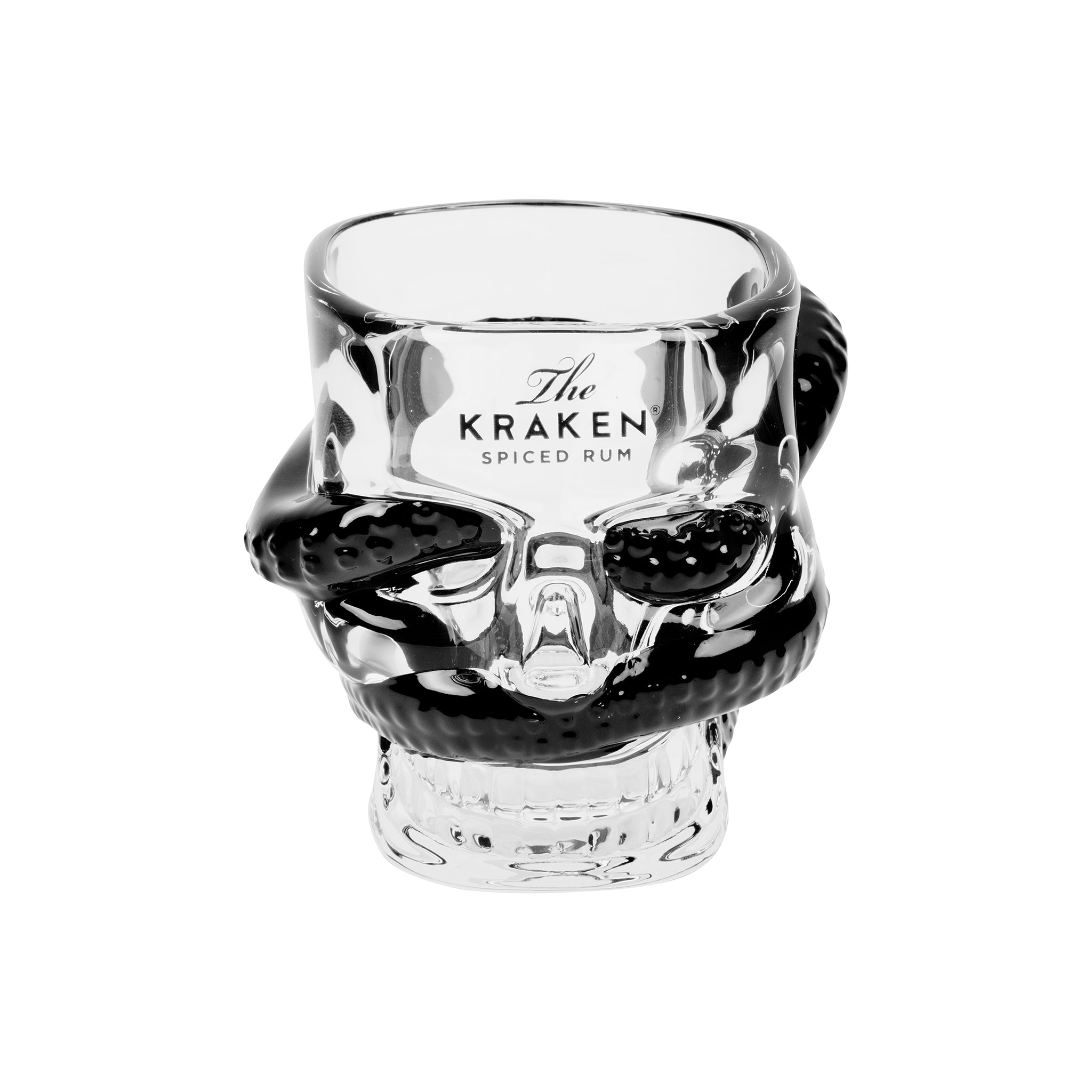 Product image of a skull glass with a tentacle around the glass with The Kraken Spiced Rum logo