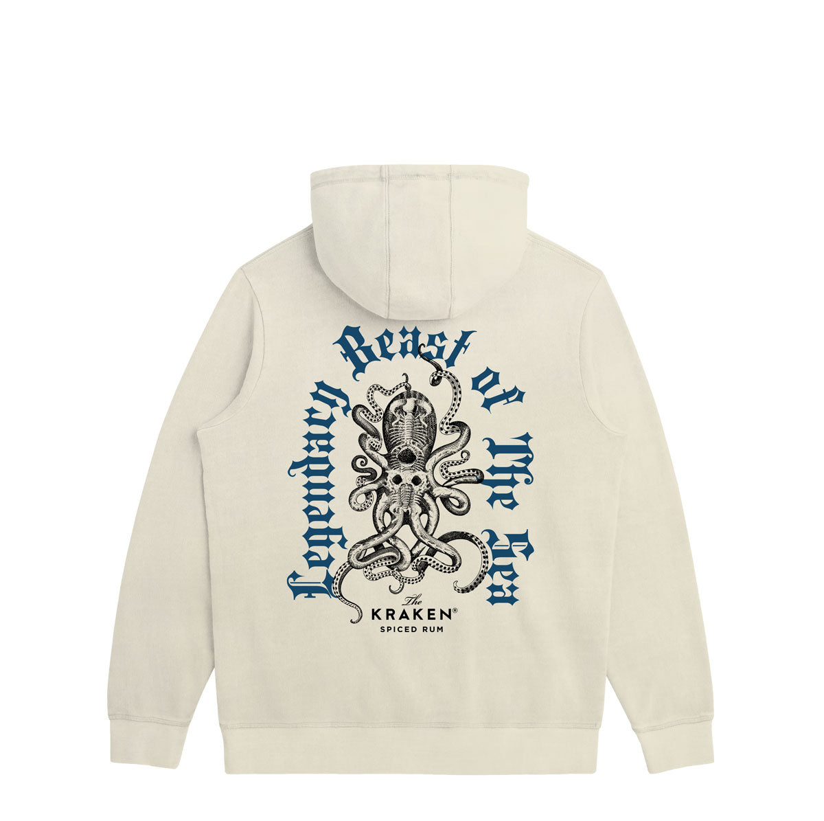 Ivory Hoodie with central graphic of The Krraken, depicted with multiple tentacles and a skull-like head.
Text surrounding The Kraken reads: "Legendary Beast of The Sea" in a gothic-style font.
Below The Kraken, smaller text states: "The KRAKEN SPICED RUM".