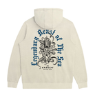 Ivory Hoodie with central graphic of The Krraken, depicted with multiple tentacles and a skull-like head.
Text surrounding The Kraken reads: "Legendary Beast of The Sea" in a gothic-style font.
Below The Kraken, smaller text states: "The KRAKEN SPICED RUM".