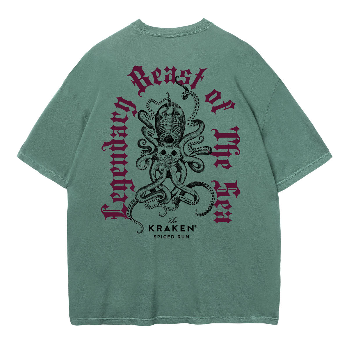 Green t-shirt with a large, intricate black illustration of The Kraken with multiple tentacles. Curved text above and below The Kraken reads "Legendary Beast of the Sea" in a gothic-style font.
Below the kraken, smaller text states "The KRAKEN® SPICED RUM," indicating the brand.
