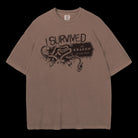 Brown t-shirt with black graphic and text 'I Survived the Kraken' on a black background