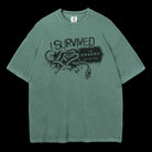 Green t-shirt with black graphic and text 'I Survived the Kraken' on a black background