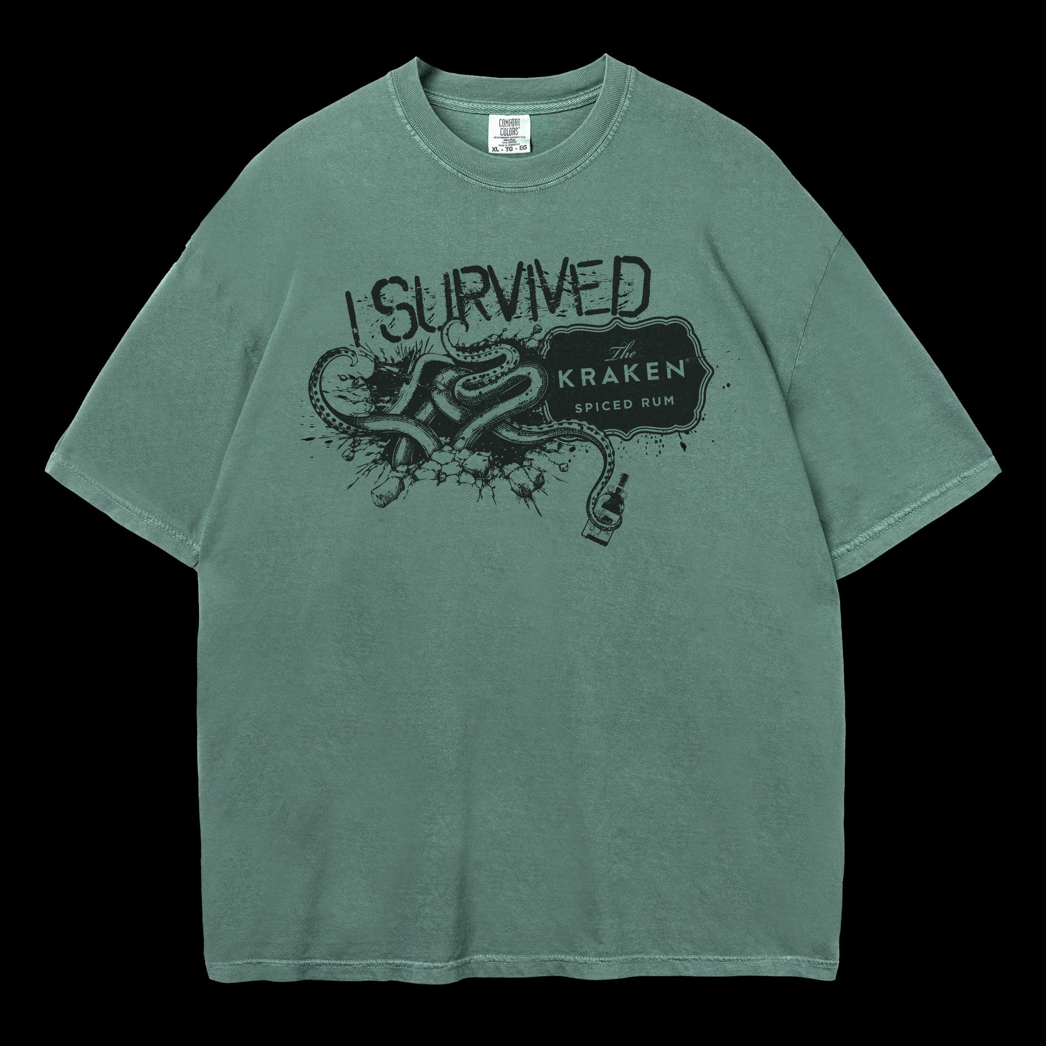 Green t-shirt with black graphic and text 'I Survived the Kraken' on a black background