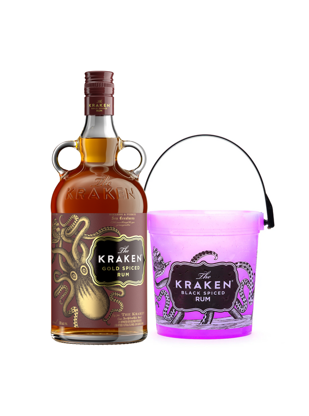 A 750ml size bottle of Kraken Gold Spiced Rum, featuring a sweet and rich flavor profile of cinnamon, vanilla, and nutmeg next to a color changing bucket.