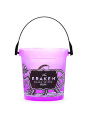 An opaque pink bucket with the Kraken logo and illustration on it's face.